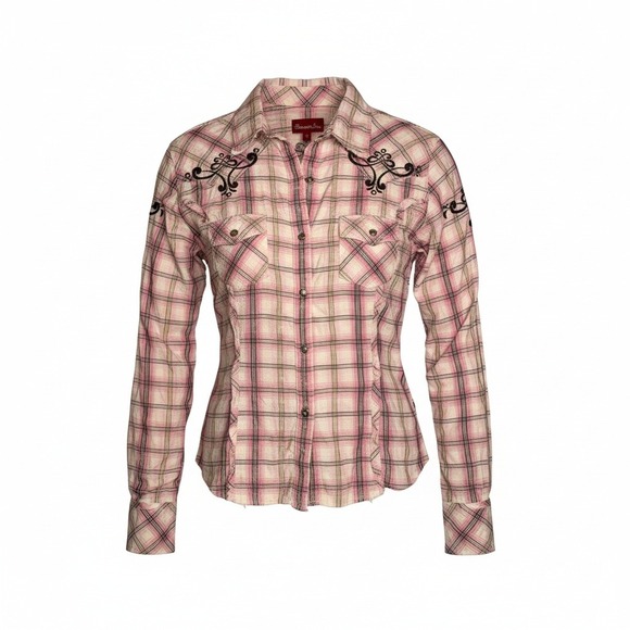 Panhandle Slim Tops - Panhandle‎ Slim Western Plaid Studded Embroidered Snap Shirt Women's Medium